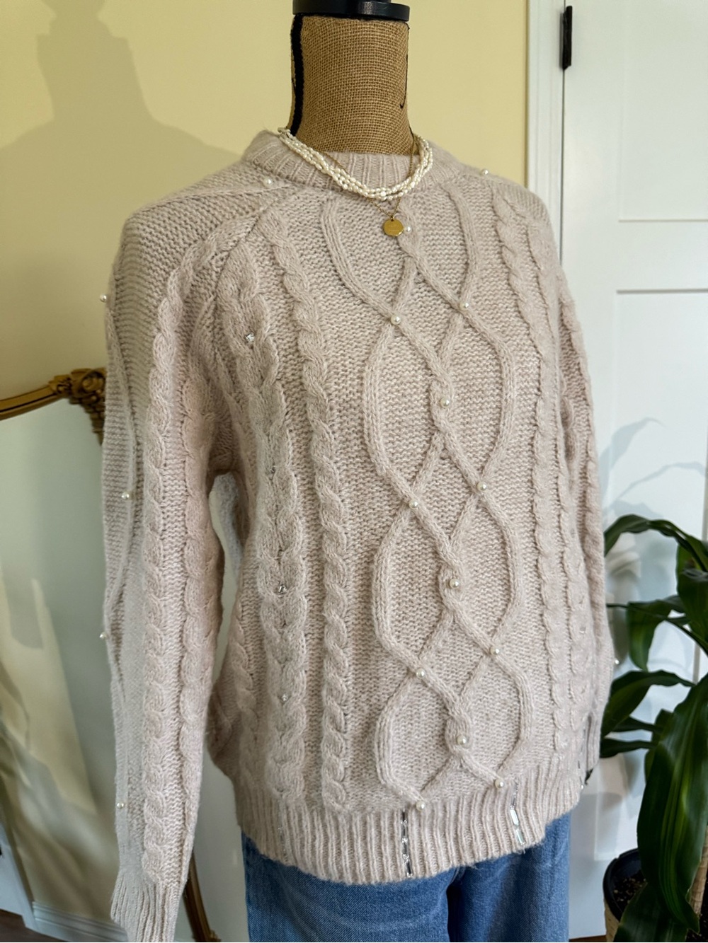 Pearl-Embellished Cable Knit Sweater - Cream